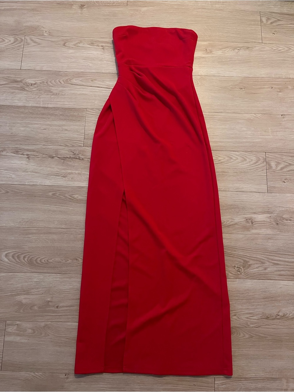Dance & Marvel Strapless Red Column Gown with Thigh Slit
